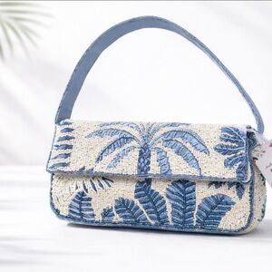 Handcrafted in India Blue Palm Tree Miami Beaded Bag NWT